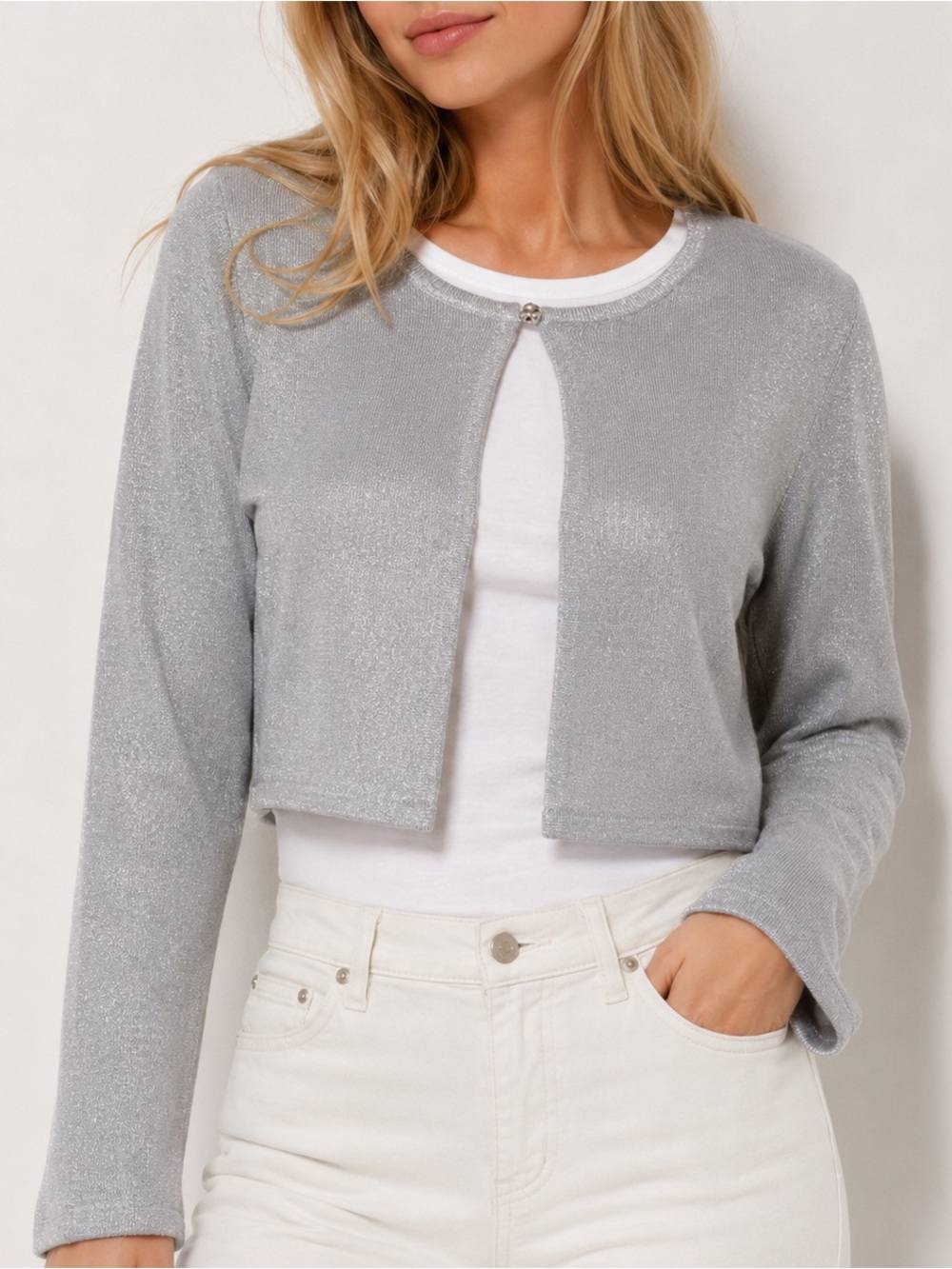 Pomelo Womens Silver Metallic Shrug Cardigan Size Small One Button Long Sleeve